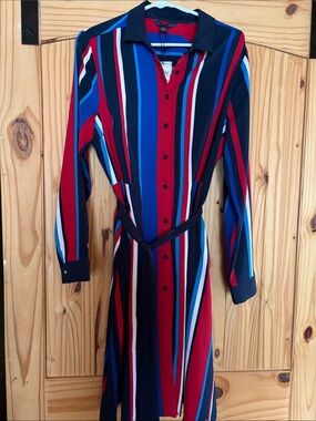 Tommy Hilfiger Red, Navy & Blue Striped Long-Sleeve Shirt Dress size large